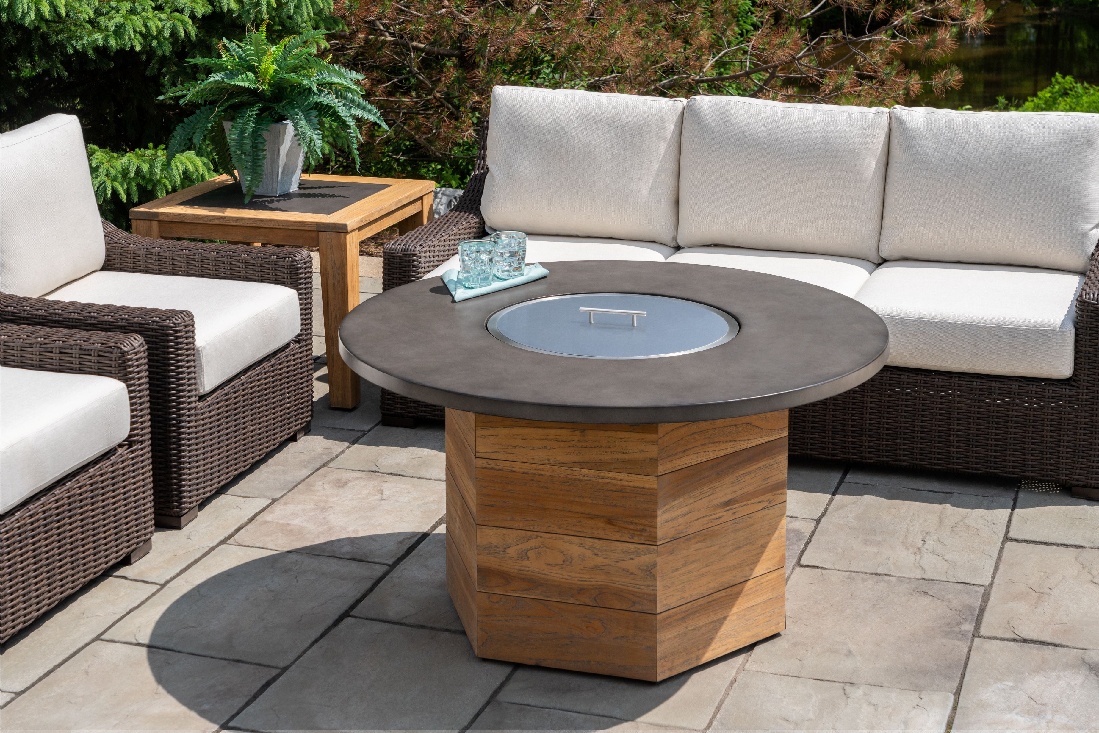 48” Hexagonal Fire Table with Faux Concrete Top
